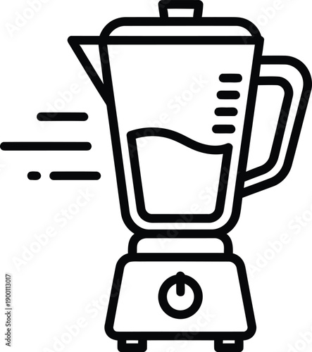Line art icon of a running blender with motion lines, simple black and white vector graphic for kitchen appliances and smoothies