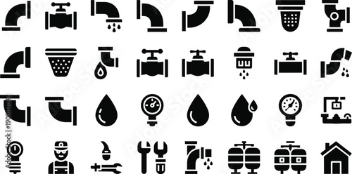 Black silhouette vector illustration of plumbing icons including pipe fittings, valves, faucets, gauges, plumber figure, tools, tanks, and house symbol for repair and maintenance concepts.