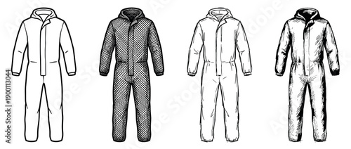 Set of four protective coverall suits with hoods shown in a collection of hand-drawn black and white illustrations with various sketch and hatching styles