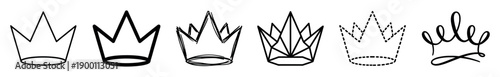 Set of six black crown icons in various artistic styles including simple outline, bold, hand-drawn sketch, geometric, dashed, and elegant calligraphic designs