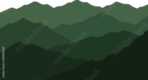Scenic green mountain peaks in nature with layered hills and forest silhouettes for outdoor adventure, hiking, camping and wild environment exploration concept.