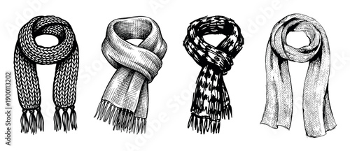 Set of four different scarves hand-drawn in a black and white ink sketch style, featuring knitted, plaid, and patterned textures for a cozy winter fashion concept