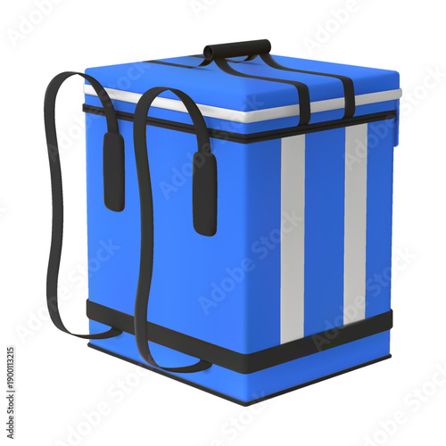 3D blue courier delivery backpack, vector thermal box container refrigerator for fresh food product shipping, back view