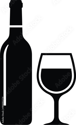 Black silhouette icon of a wine bottle and a glass of red wine