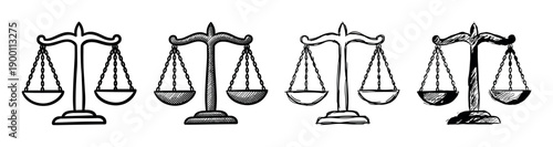 Four hand-drawn black and white scales of justice icons in a sketchy doodle style representing law, balance, and judgment in a legal system or courtroom setting