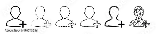 Six different black add-friend icon designs showing a human bust with a plus symbol, featuring various creative textures like solid, dotted, dashed, hand-drawn, brush, and geometric
