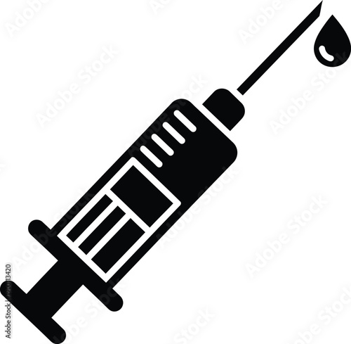 Black silhouette of a medical syringe with a single drop of liquid
