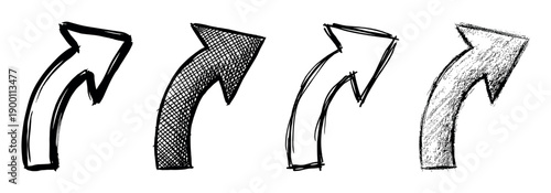 Set of four hand-drawn black arrows pointing upwards and to the right, showcasing different doodle styles like outline, crosshatch, and scribble textures for a sketchy effect
