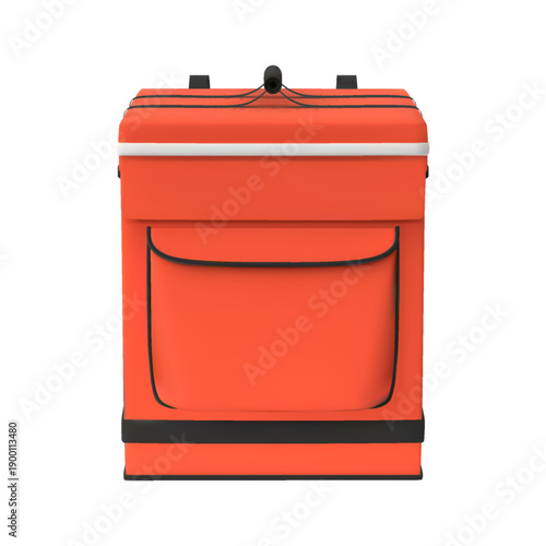 3D red courier delivery backpack, vector realistic thermal box container for fresh food product shipping front view