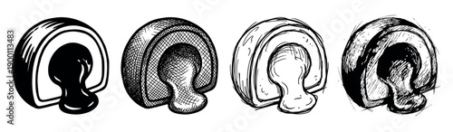 Four chocolate candies with a liquid filling are presented in a collection of different hand-drawn artistic styles, including clean line art, cross-hatching, and a rough sketch