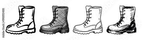 Set of four hand-drawn combat boots in various sketch styles, including line art, cross-hatching, and grunge ink, showcasing different artistic interpretations of military footwear