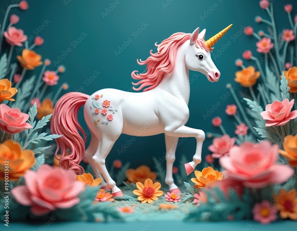 Fototapeta premium White unicorn with pink mane and tail stands in a field of colorful flowers. Mythical creature with golden horn surrounded by nature and beauty. Fantasy horse in bloom.