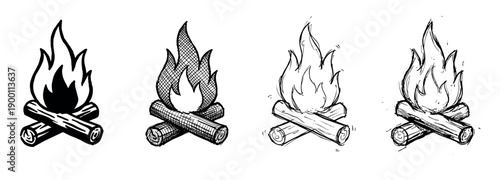 Four hand-drawn black and white campfire icons in various sketch and doodle styles, showing burning flames on crossed logs for a camping or survival theme illustration set
