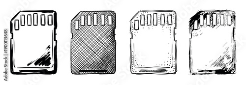 Four hand-drawn micro memory card illustrations in a rough sketch style show different ink shading techniques like crosshatching, stippling, and bold black strokes