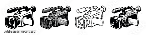 Four hand-drawn video camera illustrations in various graphic styles, showcasing a classic camcorder with line art, crosshatching, and rough sketch techniques for filmmaking concepts