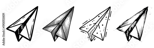 Set of four hand-drawn paper airplanes in various doodle styles, showcasing different sketching techniques like cross-hatching, stippling, and bold line art for creative concepts