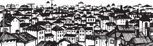 City landscape. Line urban backdrop. Skyline with clouds, different buildings on street, doodle street draw, outline cityscape hand sketch, flat houses. Hand drawn vector illustration