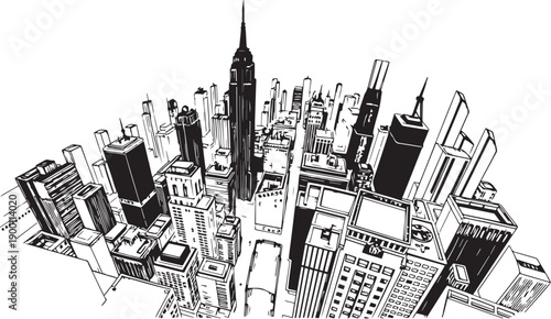 City landscape. Line urban backdrop. Skyline with clouds, different buildings on street, doodle street draw, outline cityscape hand sketch, flat houses. Hand drawn vector illustration