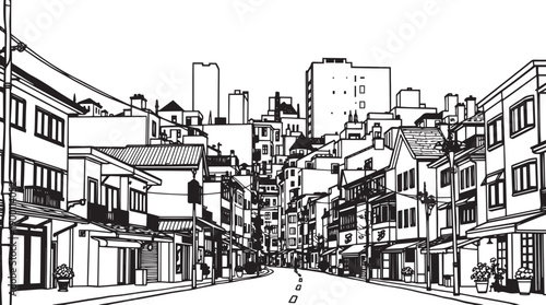 City landscape. Line urban backdrop. Skyline with clouds, different buildings on street, doodle street draw, outline cityscape hand sketch, flat houses. Hand drawn vector illustration