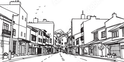 City landscape. Line urban backdrop. Skyline with clouds, different buildings on street, doodle street draw, outline cityscape hand sketch, flat houses. Hand drawn vector illustration