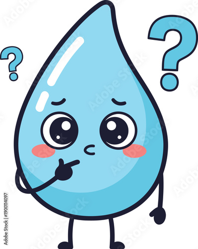 Cute cartoon water drop character looking confused with question marks around it, thinking emoji style illustration