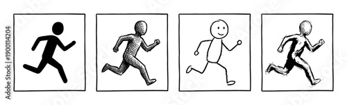 Four hand-drawn illustrations of a running person show a sequence of different artistic styles, from a simple pictogram and stick figure to detailed cross-hatching and sketchy ink drawings