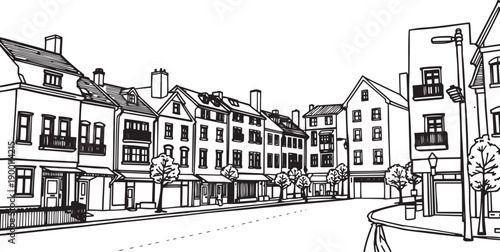 City landscape. Line urban backdrop. Skyline with clouds, different buildings on street, doodle street draw, outline cityscape hand sketch, flat houses. Hand drawn vector illustration