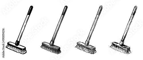 Set of four hand-drawn push brooms showing a progression from new to old, illustrated in a black and white ink sketch style for cleaning concepts
