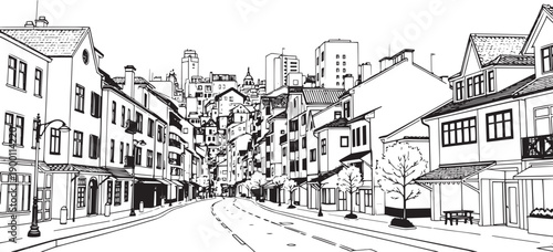 City landscape. Line urban backdrop. Skyline with clouds, different buildings on street, doodle street draw, outline cityscape hand sketch, flat houses. Hand drawn vector illustration