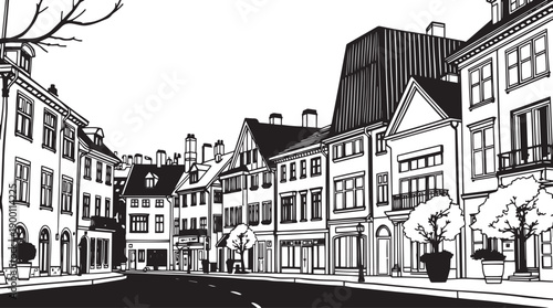 City landscape. Line urban backdrop. Skyline with clouds, different buildings on street, doodle street draw, outline cityscape hand sketch, flat houses. Hand drawn vector illustration