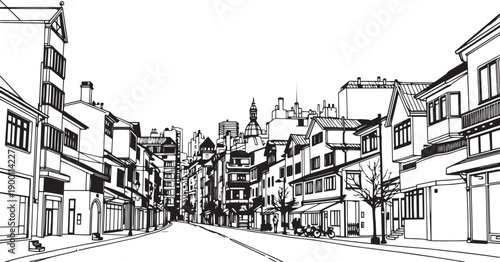 City landscape. Line urban backdrop. Skyline with clouds, different buildings on street, doodle street draw, outline cityscape hand sketch, flat houses. Hand drawn vector illustration