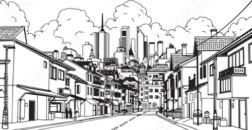 City landscape. Line urban backdrop. Skyline with clouds, different buildings on street, doodle street draw, outline cityscape hand sketch, flat houses. Hand drawn vector illustration
