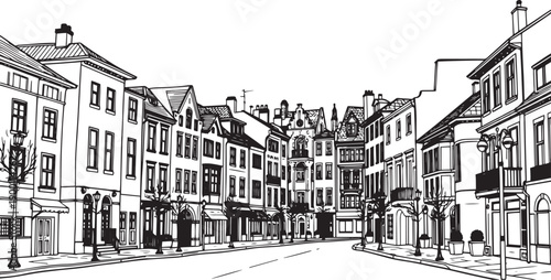 City landscape. Line urban backdrop. Skyline with clouds, different buildings on street, doodle street draw, outline cityscape hand sketch, flat houses. Hand drawn vector illustration