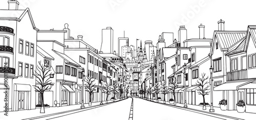 City landscape. Line urban backdrop. Skyline with clouds, different buildings on street, doodle street draw, outline cityscape hand sketch, flat houses. Hand drawn vector illustration