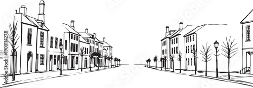 City landscape. Line urban backdrop. Skyline with clouds, different buildings on street, doodle street draw, outline cityscape hand sketch, flat houses. Hand drawn vector illustration