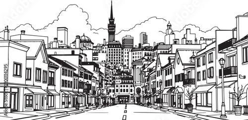 City landscape. Line urban backdrop. Skyline with clouds, different buildings on street, doodle street draw, outline cityscape hand sketch, flat houses. Hand drawn vector illustration