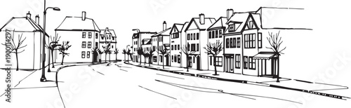 City landscape. Line urban backdrop. Skyline with clouds, different buildings on street, doodle street draw, outline cityscape hand sketch, flat houses. Hand drawn vector illustration