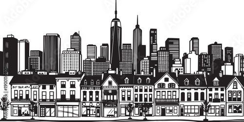 City landscape. Line urban backdrop. Skyline with clouds, different buildings on street, doodle street draw, outline cityscape hand sketch, flat houses. Hand drawn vector illustration