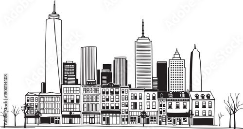 City landscape. Line urban backdrop. Skyline with clouds, different buildings on street, doodle street draw, outline cityscape hand sketch, flat houses. Hand drawn vector illustration