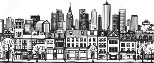 City landscape. Line urban backdrop. Skyline with clouds, different buildings on street, doodle street draw, outline cityscape hand sketch, flat houses. Hand drawn vector illustration