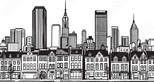 City landscape. Line urban backdrop. Skyline with clouds, different buildings on street, doodle street draw, outline cityscape hand sketch, flat houses. Hand drawn vector illustration