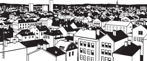 City landscape. Line urban backdrop. Skyline with clouds, different buildings on street, doodle street draw, outline cityscape hand sketch, flat houses. Hand drawn vector illustration