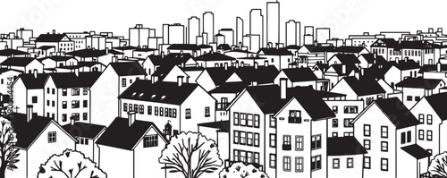 City landscape. Line urban backdrop. Skyline with clouds, different buildings on street, doodle street draw, outline cityscape hand sketch, flat houses. Hand drawn vector illustration