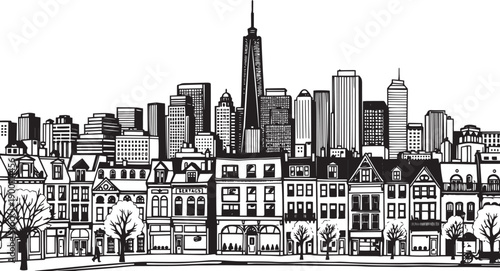 City landscape. Line urban backdrop. Skyline with clouds, different buildings on street, doodle street draw, outline cityscape hand sketch, flat houses. Hand drawn vector illustration