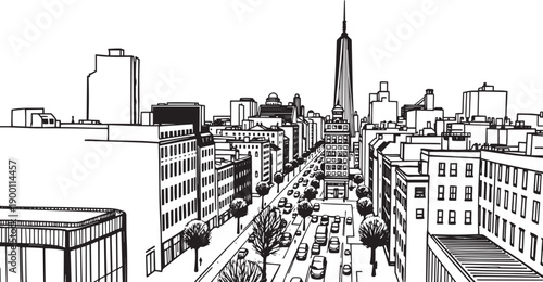 City landscape. Line urban backdrop. Skyline with clouds, different buildings on street, doodle street draw, outline cityscape hand sketch, flat houses. Hand drawn vector illustration