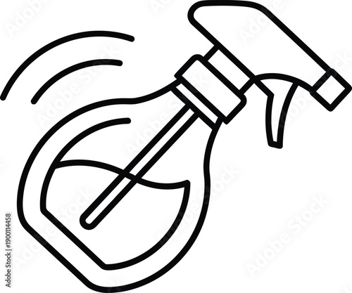 Line art icon of a spray bottle in motion, simple black and white drawing of a trigger sprayer for cleaning or liquid dispensing