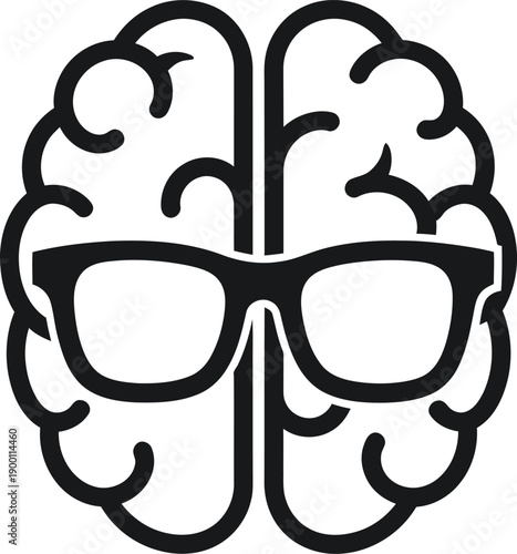 Black and white icon of a human brain wearing eyeglasses, symbolizing intelligence, knowledge, thinking, and education concept