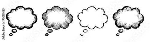Four hand-drawn black and white thought bubbles in a rough sketch style, with various hatching and shading techniques for representing ideas, dreams, or comic book dialogue