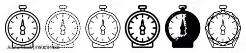 Set of black stopwatch timer icons in various graphic styles including outline, dotted, hand-drawn, bold, silhouette, and geometric for a versatile collection