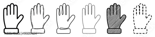Set of six black glove icons presented in a row, showcasing various artistic styles like simple outline, hand-drawn sketch, continuous line, dotted, hatched, and dashed